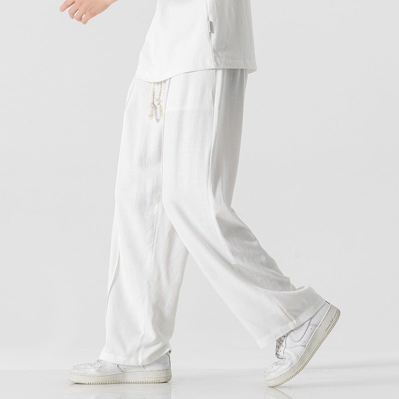 Men’s linen pants, wide leg linen trousers, drawstring pants men, rope tie pants, natural fabric trousers, loose fit summer pants, casual beach pants, boho men’s clothing, relaxed fit men’s fashion, minimalist men’s pants