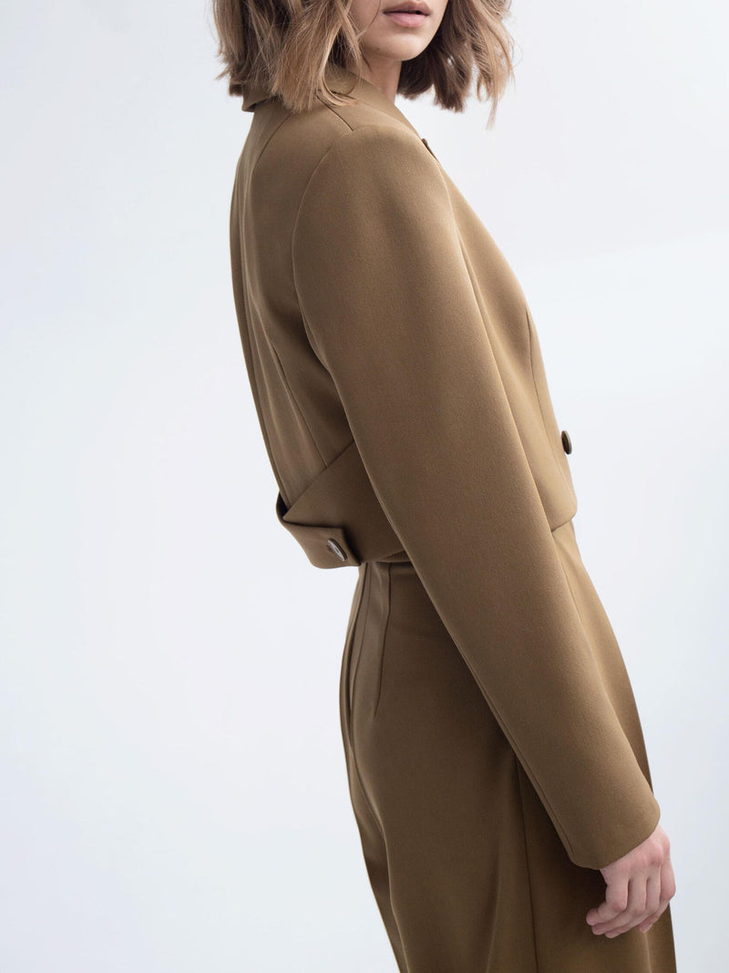 cropped blazer, wide-leg pants, women's suit set, 2 piece suit, tailored pants, high waist pants, blazer set women, neutral tone outfit, office co-ord set, short blazer jacket, fashion suit for women, poly-viscose suit, minimal chic clothing