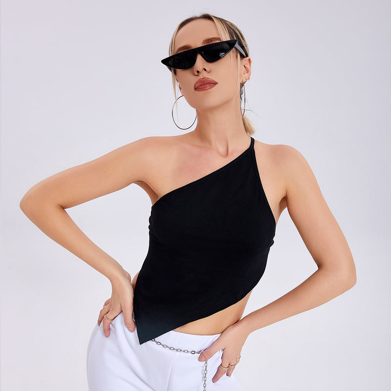 Haut court asymétrique chic à une épaule et dos nu – Tenue d'été sans manches
