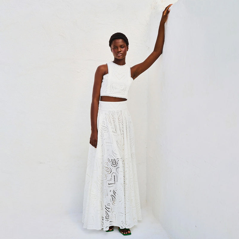 two-piece set
Crop top and maxi skirt
Elegant summer outfit
Eyelet lace dress set
Wedding guest outfit
Vacation fashion dressVacation dress for women
Beach getaway outfit
Summer resort wear
Tropical vacation dress
Maxi skirt and crop top set