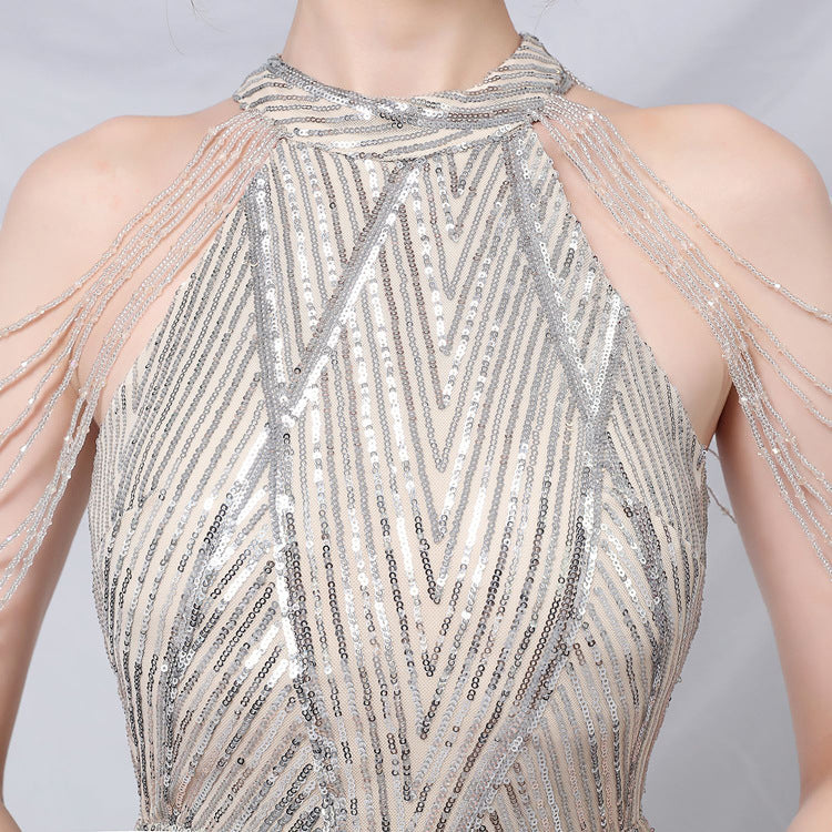 Sequin Halter Evening Gown with Shoulder Chain Detail – Formal Dress for Women