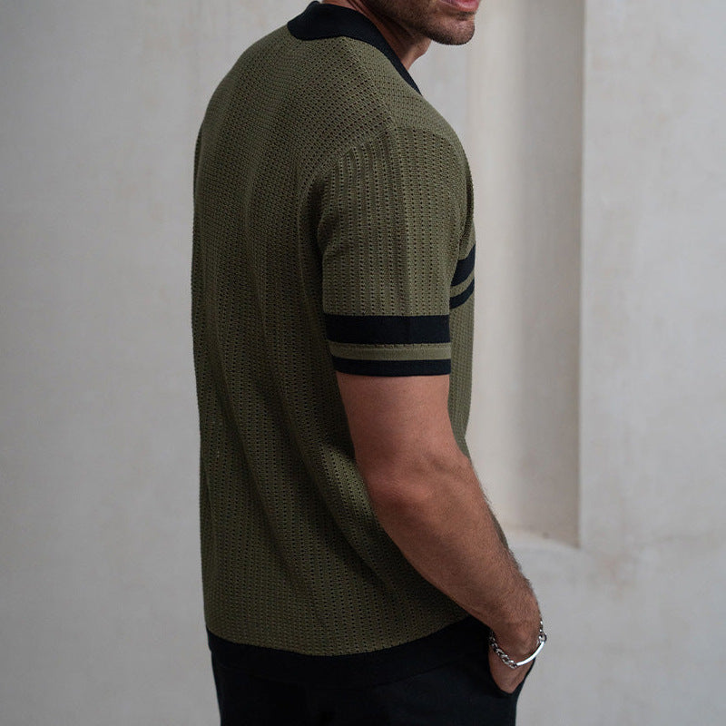 Men’s knit shirt, button-up polo shirt, textured short sleeve top, retro style shirt for men, summer resort shirt, breathable knitwear, vintage casual shirt, contrast collar shirt, lightweight men’s top, stylish beachwear