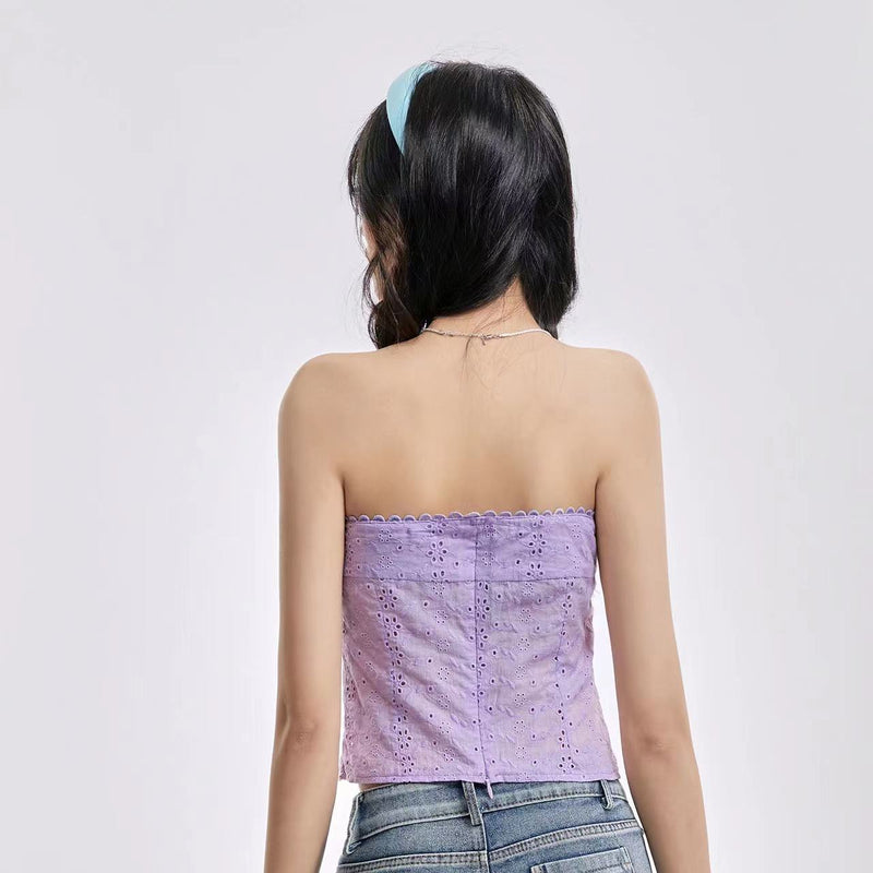 Lace Eyelet Strapless Crop Top – Summer Tube Top for Women