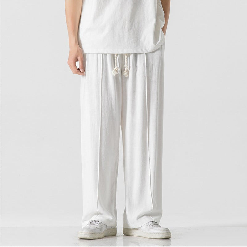 Men’s linen pants, wide leg linen trousers, drawstring pants men, rope tie pants, natural fabric trousers, loose fit summer pants, casual beach pants, boho men’s clothing, relaxed fit men’s fashion, minimalist men’s pants