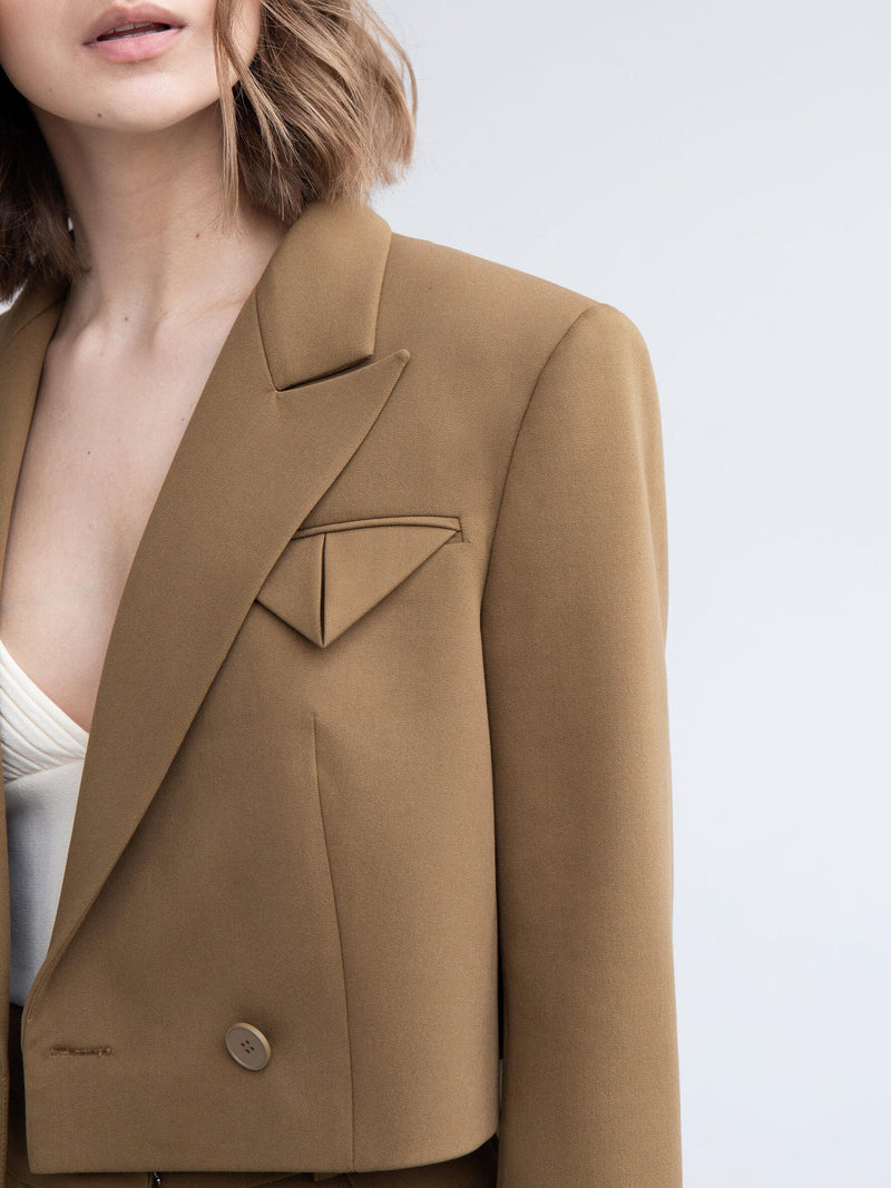 cropped blazer, wide-leg pants, women's suit set, 2 piece suit, tailored pants, high waist pants, blazer set women, neutral tone outfit, office co-ord set, short blazer jacket, fashion suit for women, poly-viscose suit, minimal chic clothing