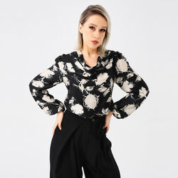 Chemisier élégant à imprimé floral – Haut à manches longues et col bénitier pour femme