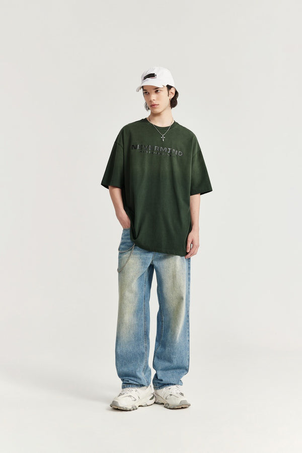 Camiseta unisex con degradado lavado "Never Mind": estilo desgastado y urbano