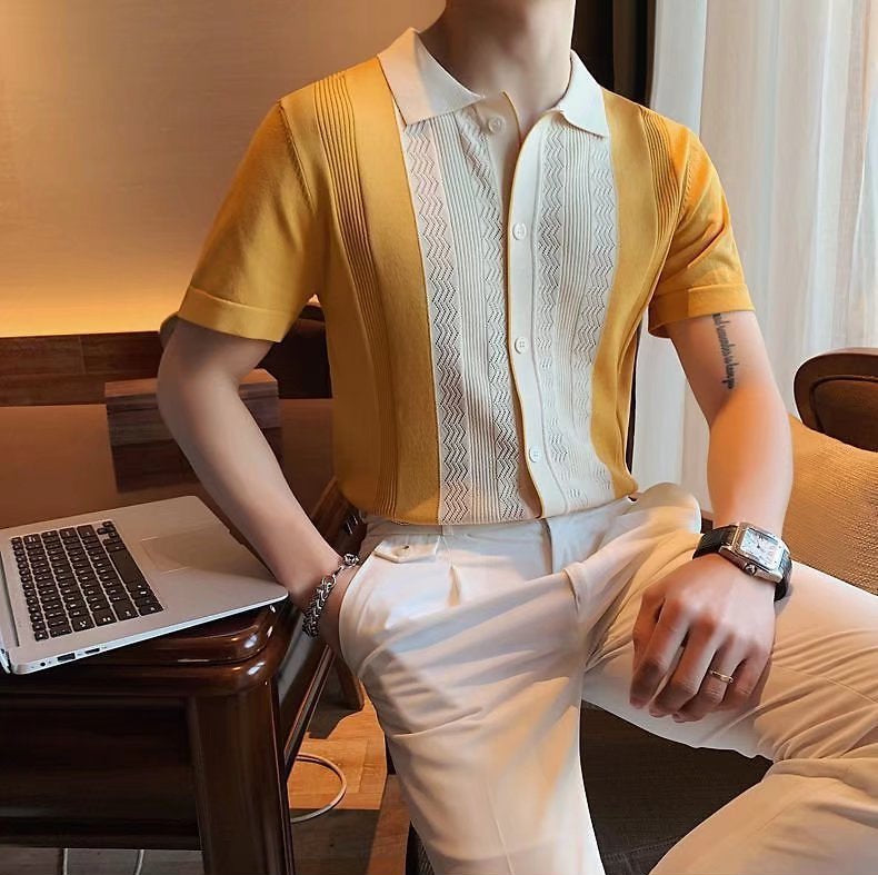 Men's Vintage Cuban Collar Short Sleeve Shirt - Casual Knitted Button-Up