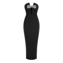 Robe de soirée noire élégante sans bretelles avec nœud argenté – Robe de soirée