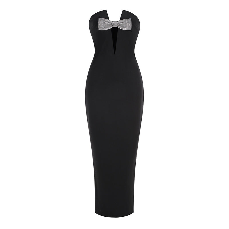 Robe de soirée noire élégante sans bretelles avec nœud argenté – Robe de soirée