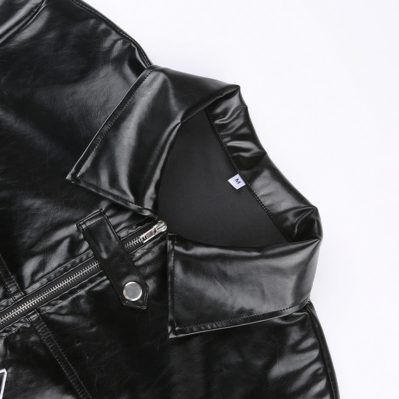 Edgy Black Cropped Faux Leather Jacket – Trendy Zip-Up Biker Style