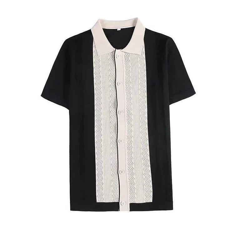 Men's Vintage Cuban Collar Short Sleeve Shirt - Casual Knitted Button-Up