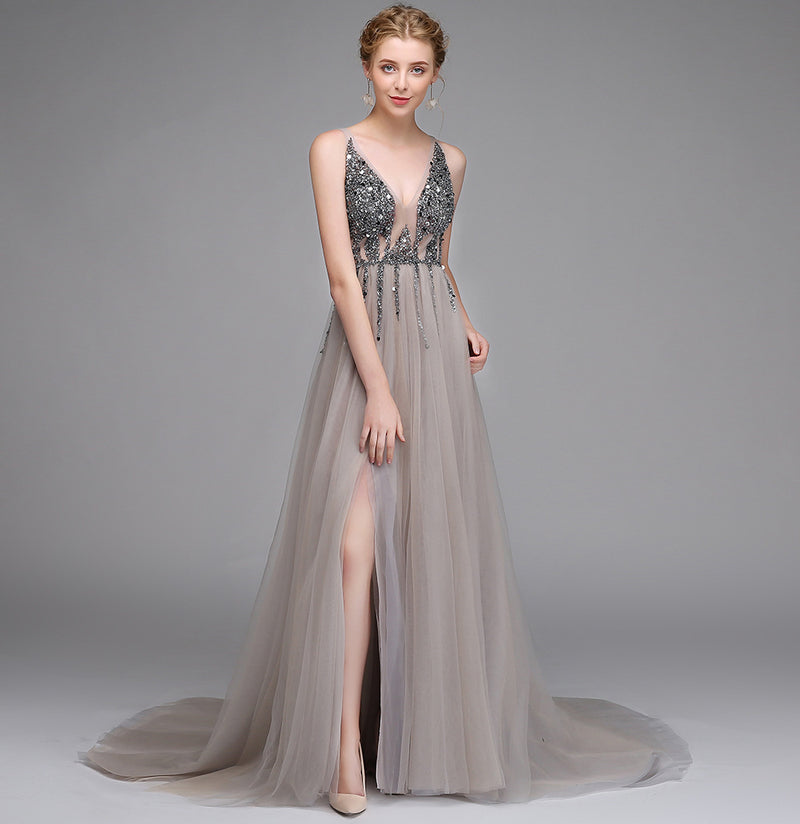 Elegant Sequin Evening Gown for Women – Sleeveless Deep V-Neck Formal Dress