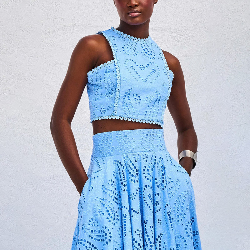 Chic Eyelet Two-Piece Vacation Dress – Crop Top & Maxi Skirt