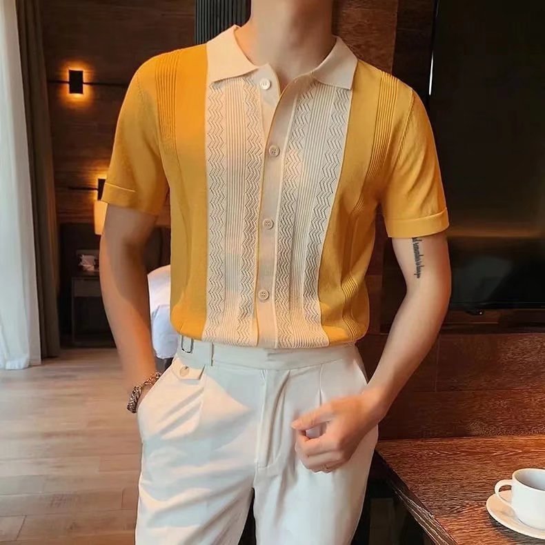 Men's Vintage Cuban Collar Short Sleeve Shirt - Casual Knitted Button-Up