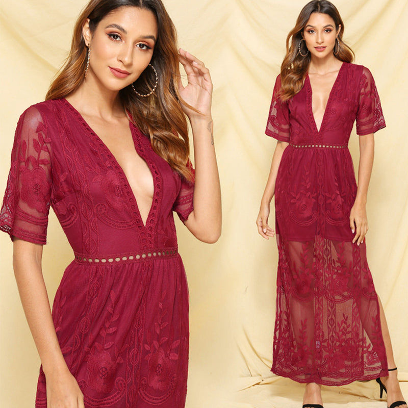 Lace Maxi Evening Dress - Deep V Neck Sheer Resort Wear