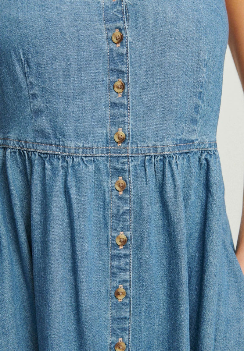 Women's Sleeveless Button-Front Denim Midi Dress – Casual Summer Essential