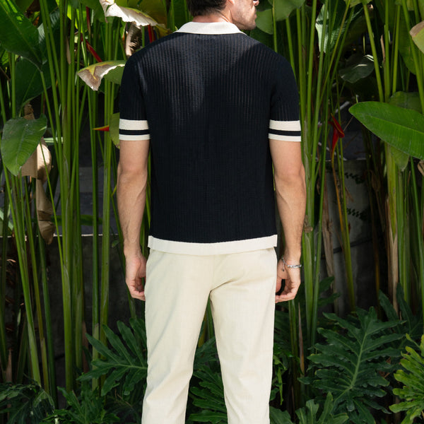 Men’s knit shirt, button-up polo shirt, textured short sleeve top, retro style shirt for men, summer resort shirt, breathable knitwear, vintage casual shirt, contrast collar shirt, lightweight men’s top, stylish beachwear