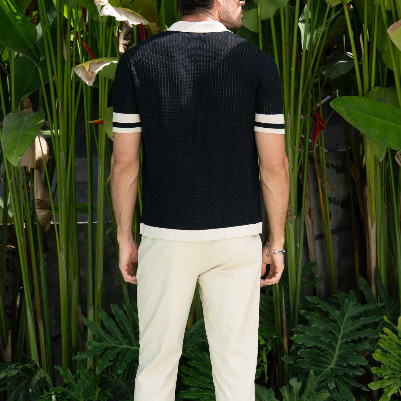 Men’s knit shirt, button-up polo shirt, textured short sleeve top, retro style shirt for men, summer resort shirt, breathable knitwear, vintage casual shirt, contrast collar shirt, lightweight men’s top, stylish beachwear