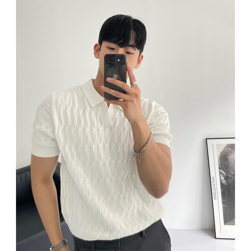 Men's knit polo shirt
Cable knit short sleeve polo
Classic men's polo shirt
Business casual polo for men
Smart-casual knitwear
Fashionable polo shirts for men