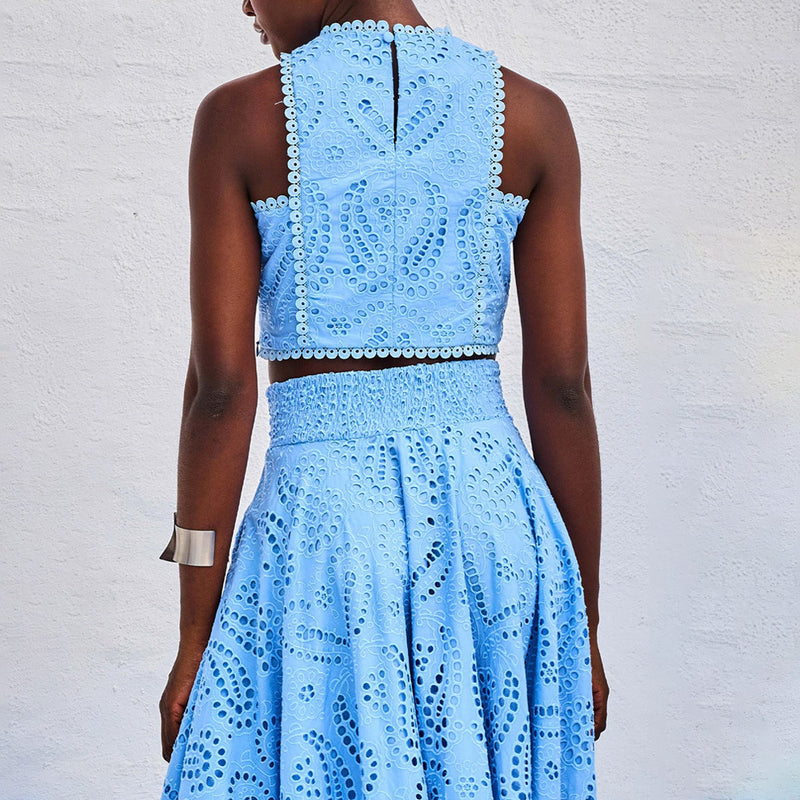 Chic Eyelet Two-Piece Vacation Dress – Crop Top & Maxi Skirt