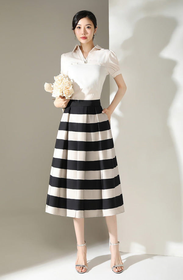 A-Line Midi Skirt, Striped Pleated Skirt, Black and White Skirt, Elegant Office Skirt, Monochrome Fashion, Retro Style Skirt, Classic Midi Skirt, Women's Skirt with Pockets, High Waist Formal Skirt