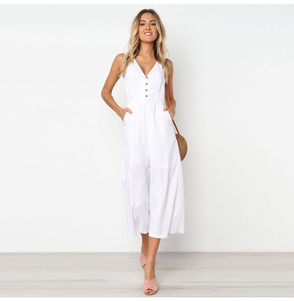 Black sleeveless jumpsuit
Casual summer jumpsuit
Wide-leg jumpsuit for women
Vacation jumpsuit outfit
Lightweight jumpsuit for travel
Trendy black romper
Fashionable one-piece outfit