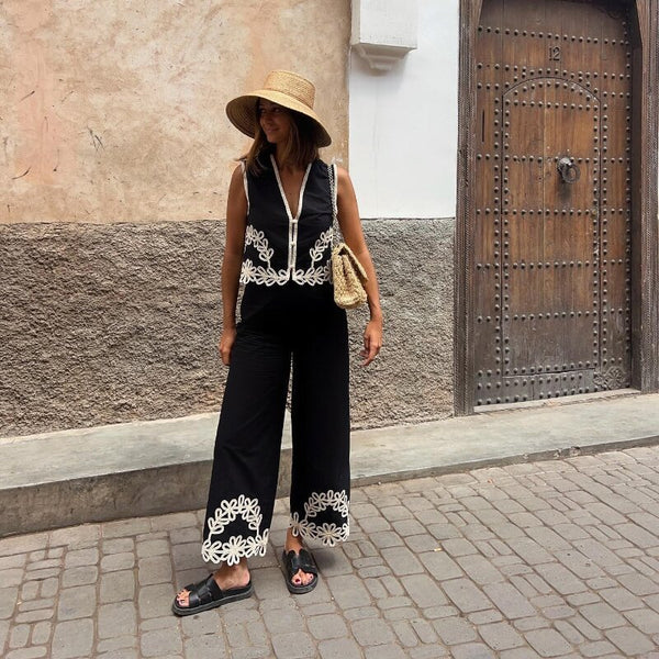 Boho black two-piece set
Embroidered summer outfit
Chic vacation outfit for women
Stylish wide-leg pants set
Resort wear fashion 2024
Bohemian matching set