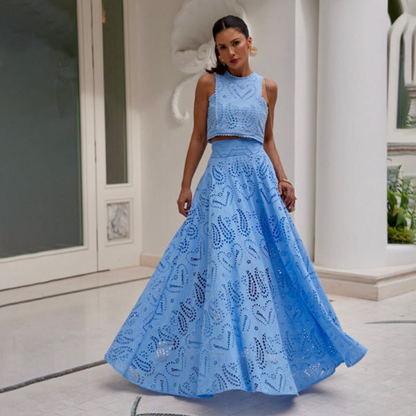two-piece set
Crop top and maxi skirt
Elegant summer outfit
Eyelet lace dress set
Wedding guest outfit
Vacation fashion dressVacation dress for women
Beach getaway outfit
Summer resort wear
Tropical vacation dress
Maxi skirt and crop top set