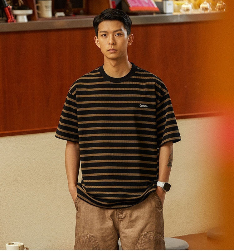 Men's striped T-shirt
Vintage loose-fit T-shirt
Oversized streetwear T-shirt
Retro casual T-shirt for men
Classic horizontal stripe tee