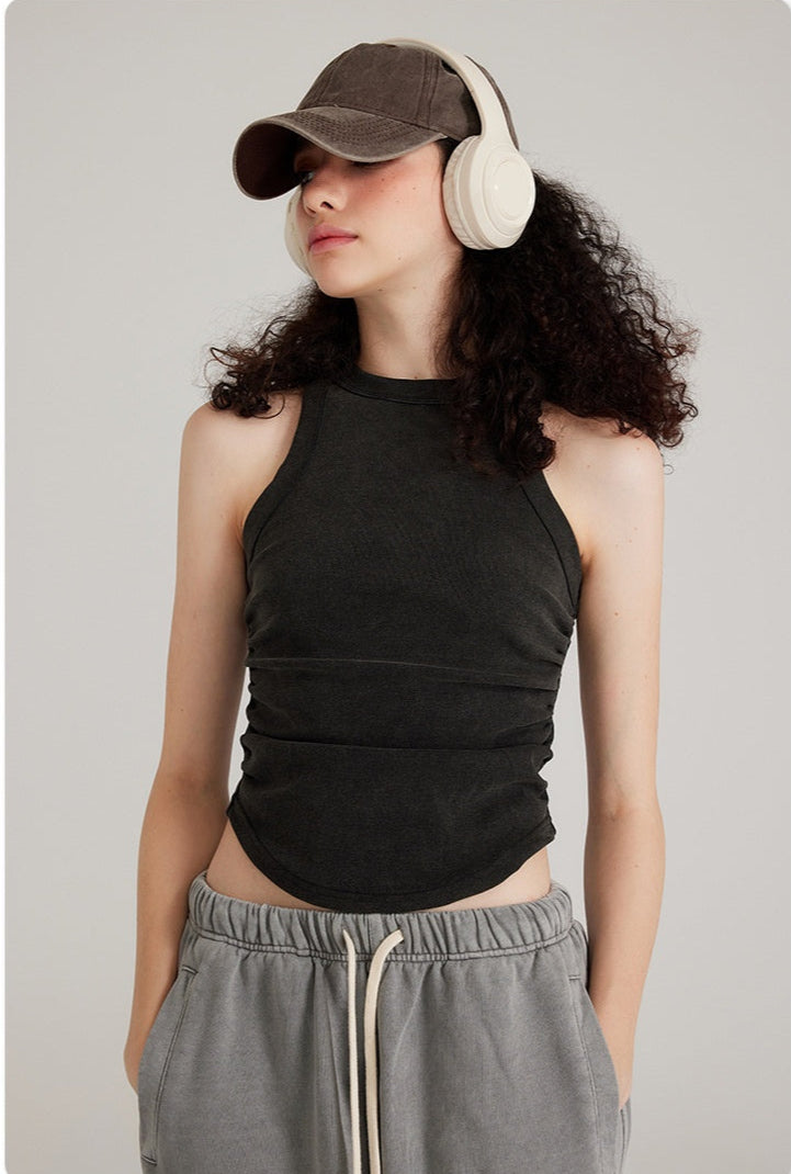 High-neck sleeveless top
Y2K fashion top
Ruched tank top
Vintage washed top
Trendy streetwear top
Minimalist aesthetic clothing
Casual chic sleeveless top