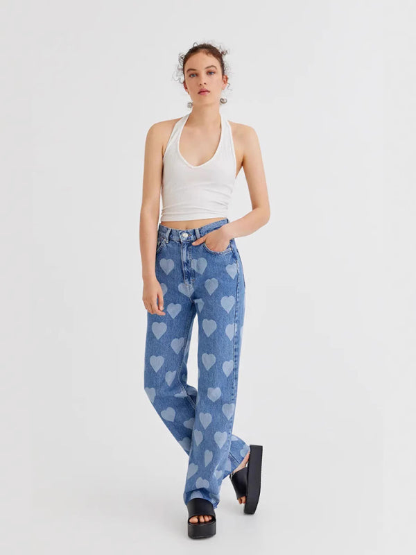 Wide-leg jeans for women
High-waisted trendy jeans
Heart-print denim
Cute aesthetic jeans
Statement denim fashion
Best stylish jeans for women