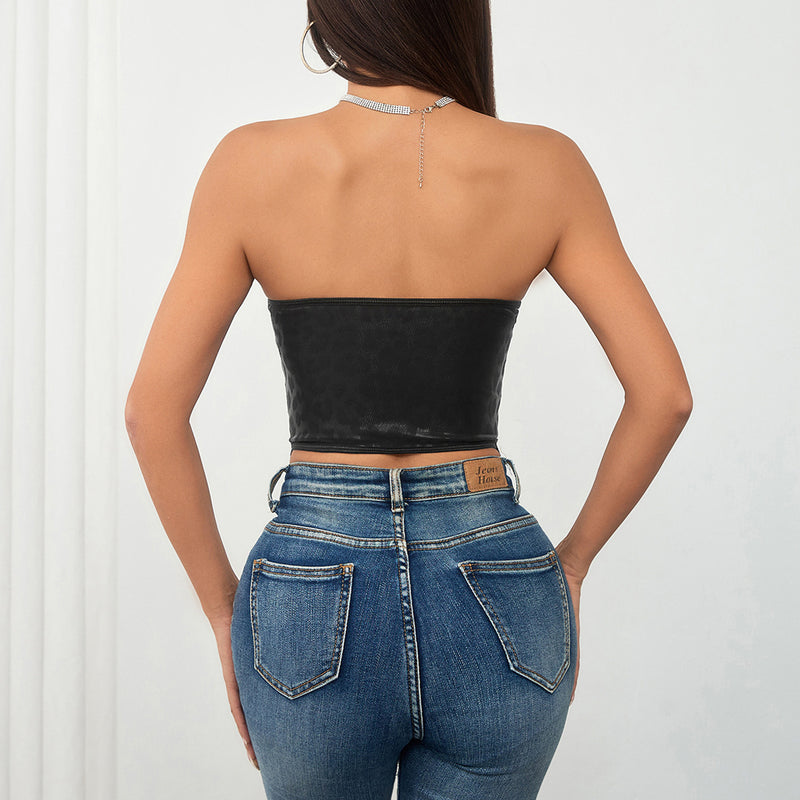 Black lace corset top
Leopard print bustier
Strapless sexy corset
Women's clubwear top
Lace trim crop top
Trendy evening wear