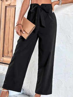 Women's wide-leg pants
Black high-waist trousers
Tie-waist pants for women
Elegant black trousers
Formal wide-leg trousers
Office wear for women
Business casual pants