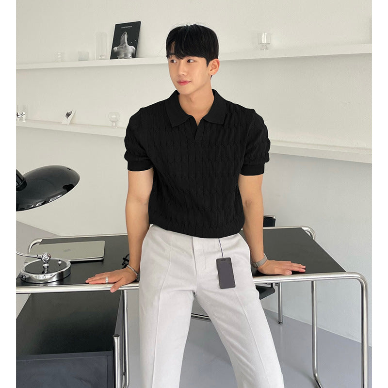 Men's knit polo shirt
Cable knit short sleeve polo
Classic men's polo shirt
Business casual polo for men
Smart-casual knitwear
Fashionable polo shirts for men