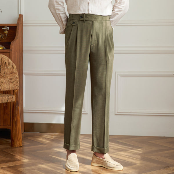 Men’s high-waist dress pants
Vintage pleated trousers
Olive green formal pants
Elegant wide-leg dress pants
Business casual pants for men