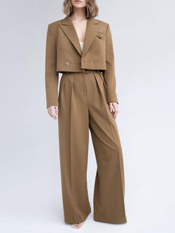 cropped blazer, wide-leg pants, women's suit set, 2 piece suit, tailored pants, high waist pants, blazer set women, neutral tone outfit, office co-ord set, short blazer jacket, fashion suit for women, poly-viscose suit, minimal chic clothing