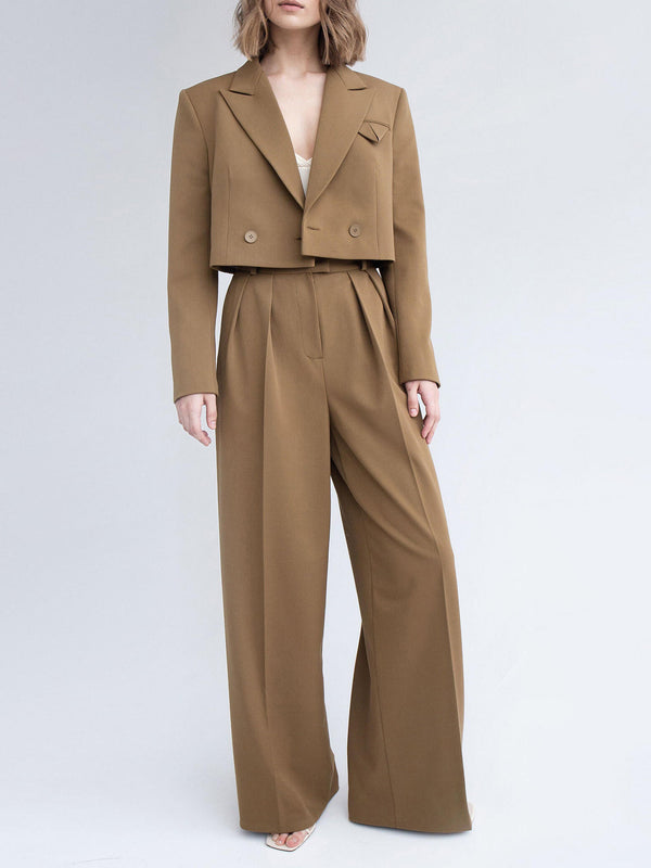 cropped blazer, wide-leg pants, women's suit set, 2 piece suit, tailored pants, high waist pants, blazer set women, neutral tone outfit, office co-ord set, short blazer jacket, fashion suit for women, poly-viscose suit, minimal chic clothing