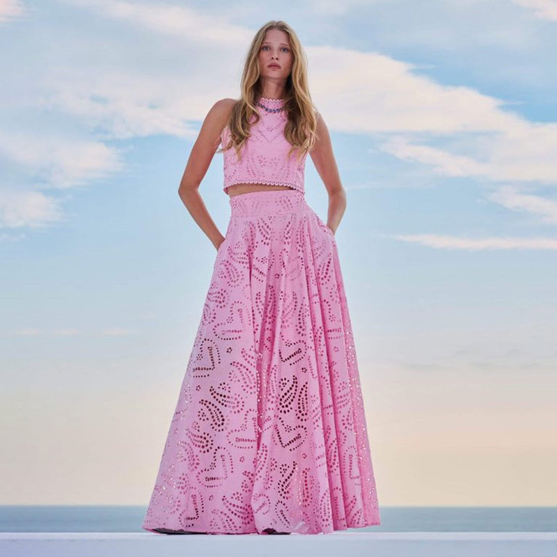 two-piece set
Crop top and maxi skirt
Elegant summer outfit
Eyelet lace dress set
Wedding guest outfit
Vacation fashion dressVacation dress for women
Beach getaway outfit
Summer resort wear
Tropical vacation dress
Maxi skirt and crop top set