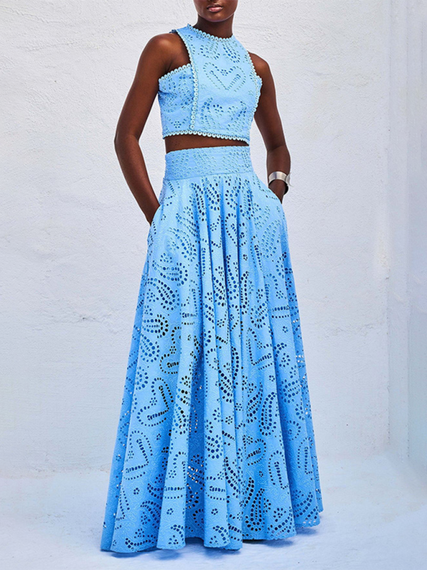 Pink two-piece set
Crop top and maxi skirt
Elegant summer outfit
Eyelet lace dress set
Wedding guest outfit
Vacation fashion dressVacation dress for women
Beach getaway outfit
Summer resort wear
Tropical vacation dress
Maxi skirt and crop top set