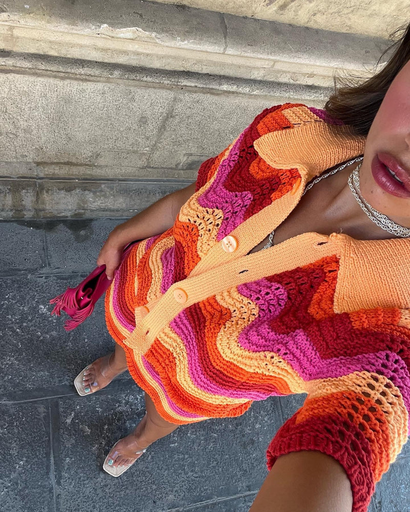 Women’s crochet two-piece set
Retro co-ord outfit
Summer festival fashion
Colorful crochet skirt and top
Boho chic outfit for women
Trendy vacation outfits