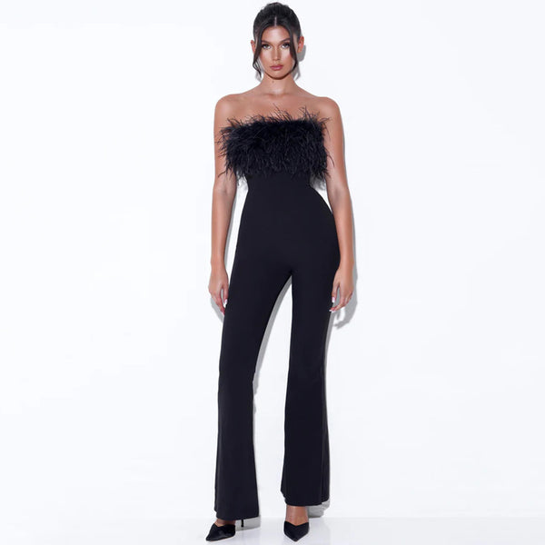 Black feather jumpsuit
Strapless evening jumpsuit
Elegant party outfit
Women’s formal jumpsuit
Glamorous one-piece outfit