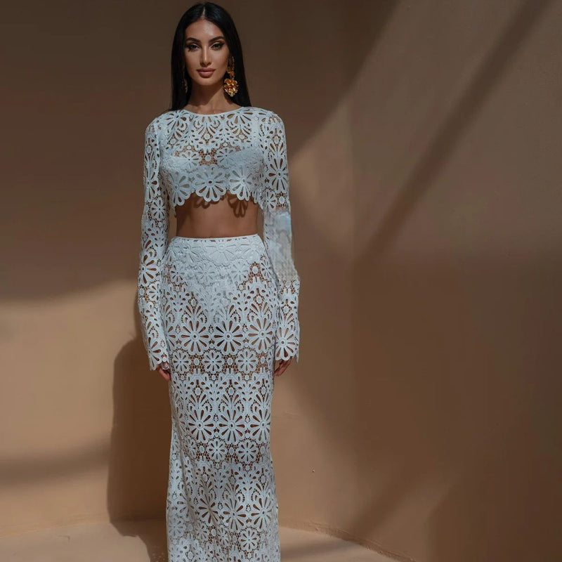 white lace two-piece set
Sheer floral lace outfit
Elegant boho maxi skirt and top
Beach wedding guest dress
Vacation fashion for women
Chic honeymoon outfit