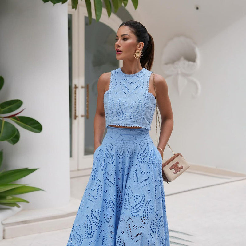 two-piece set
Crop top and maxi skirt
Elegant summer outfit
Eyelet lace dress set
Wedding guest outfit
Vacation fashion dressVacation dress for women
Beach getaway outfit
Summer resort wear
Tropical vacation dress
Maxi skirt and crop top set