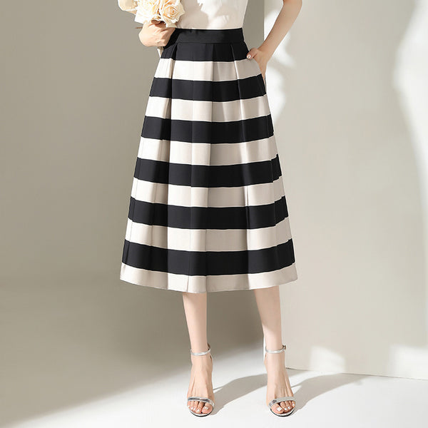 A-Line Midi Skirt, Striped Pleated Skirt, Black and White Skirt, Elegant Office Skirt, Monochrome Fashion, Retro Style Skirt, Classic Midi Skirt, Women's Skirt with Pockets, High Waist Formal Skirt