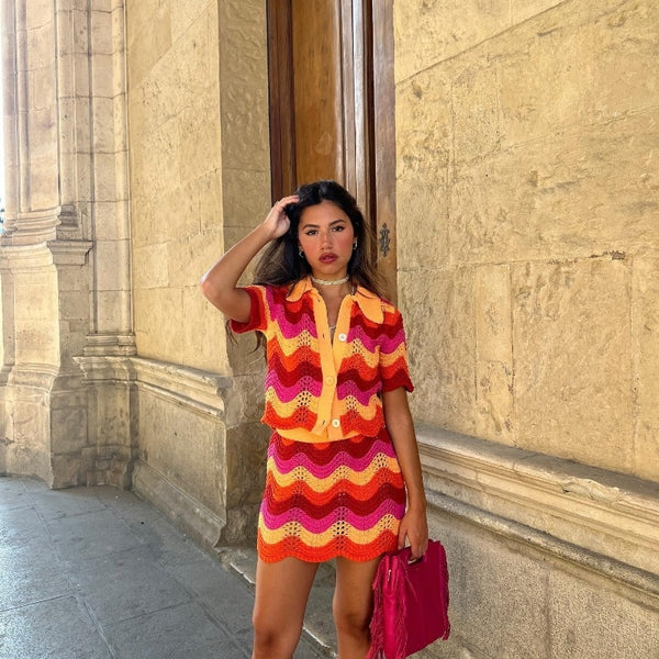 Women’s crochet two-piece set
Retro co-ord outfit
Summer festival fashion
Colorful crochet skirt and top
Boho chic outfit for women
Trendy vacation outfits