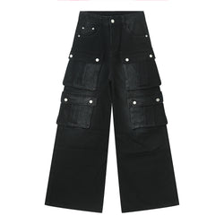 men's black cargo pants, wide-leg cargo pants, utility pants, high-waisted, multi-pocket, oversized, streetwear, cargo pants with pockets, relaxed fit, durable fabric, men’s pants, heavy-duty fabric, snap pockets, cargo pants for streetwear, functional design, trendy utility pants, black utility pants, men’s street style, relaxed oversized fit, versatile utility pants, basic tee styling, on-the-go wardrobe, modern utility fashion,