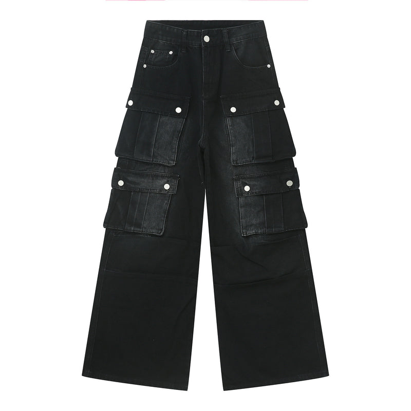 men's black cargo pants, wide-leg cargo pants, utility pants, high-waisted, multi-pocket, oversized, streetwear, cargo pants with pockets, relaxed fit, durable fabric, men’s pants, heavy-duty fabric, snap pockets, cargo pants for streetwear, functional design, trendy utility pants, black utility pants, men’s street style, relaxed oversized fit, versatile utility pants, basic tee styling, on-the-go wardrobe, modern utility fashion,