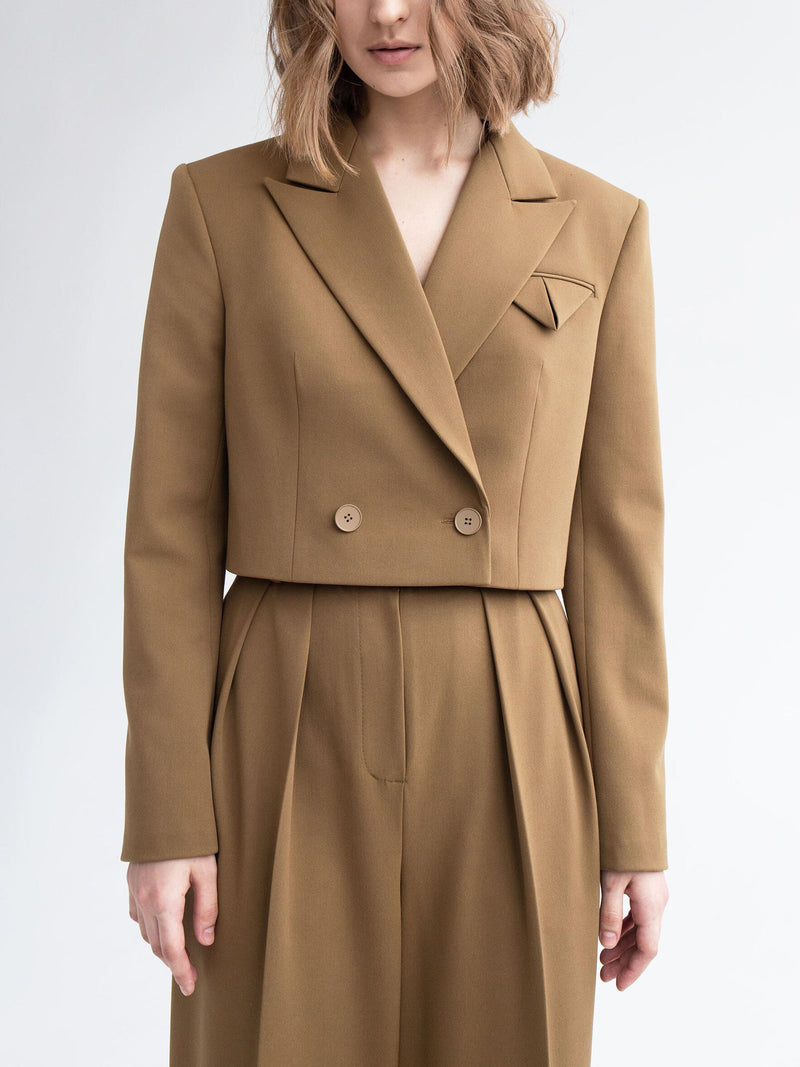 cropped blazer, wide-leg pants, women's suit set, 2 piece suit, tailored pants, high waist pants, blazer set women, neutral tone outfit, office co-ord set, short blazer jacket, fashion suit for women, poly-viscose suit, minimal chic clothing
