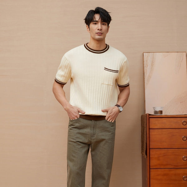 Men’s knitted T-shirt,
Short sleeve T-shirt,
Lightweight knit T-shirt,
Front pocket T-shirt,
Casual knitwear,
Breathable knit shirt,
Relaxed fit T-shirt,
Classic round neck,
Everyday casual top.
Soft knit fabric,
Versatile men's T-shirt,
Semi-casual knit top,
Summer knit T-shirt,